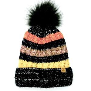 Cozy‎ Zone Black Furball Beanie Pom Pom Colorful Stripes, O/S